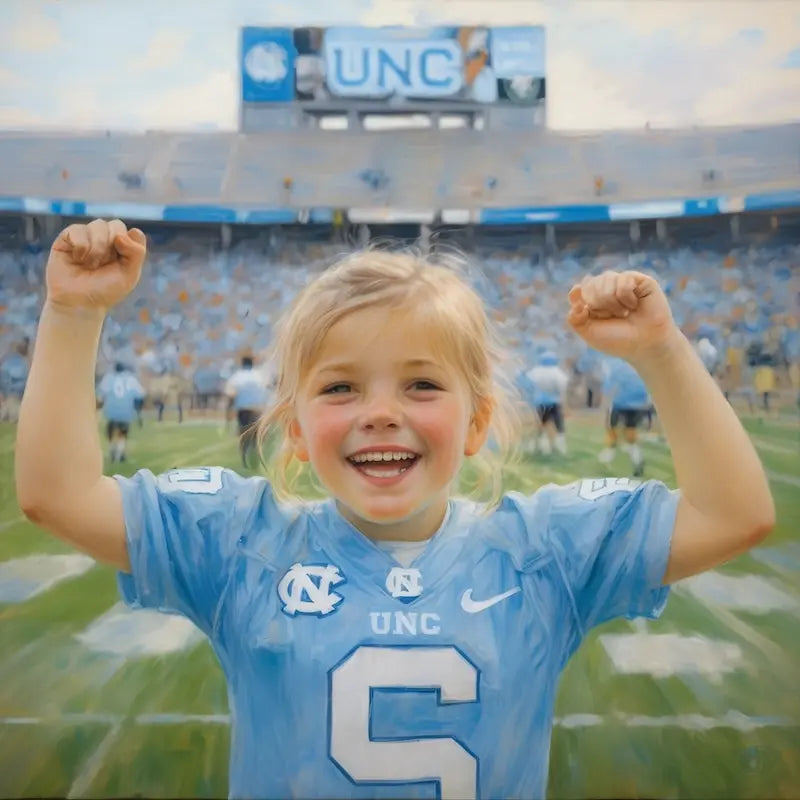 A child illustrated in Kabook’s storybook style, cheering in a UNC jersey at the stadium